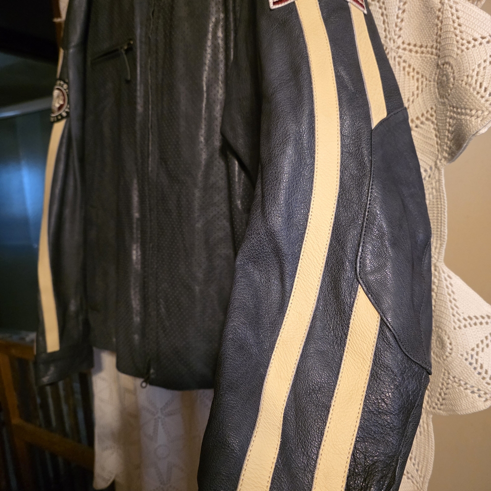 Men's Black Leather Performance Jacket With Cream… - image 4